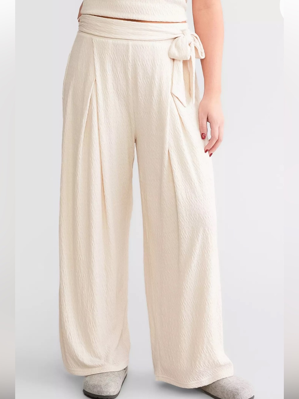 Z Supply Whisper White Isla Pucker Wide-Leg Tie Waist Pants M